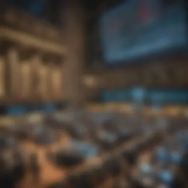 Dynamic Atmosphere of the Stock Exchange An overview of a bustling stock exchange floor